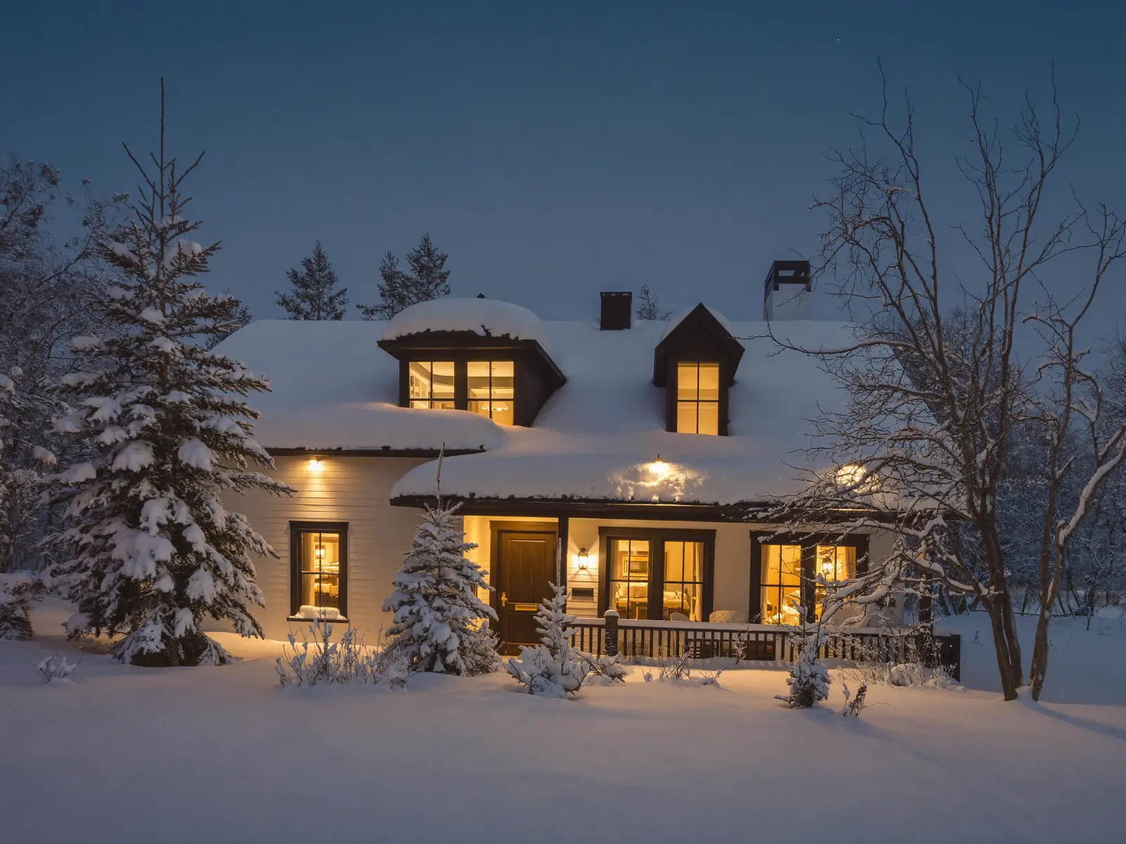 Canadian home glowing warmly on a deep snowy winter evening